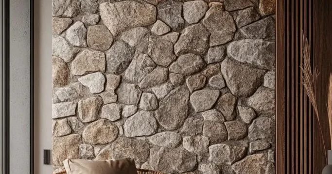 Sala de estar com parede inteira em pedra natural, poltrona e ripado de madeira