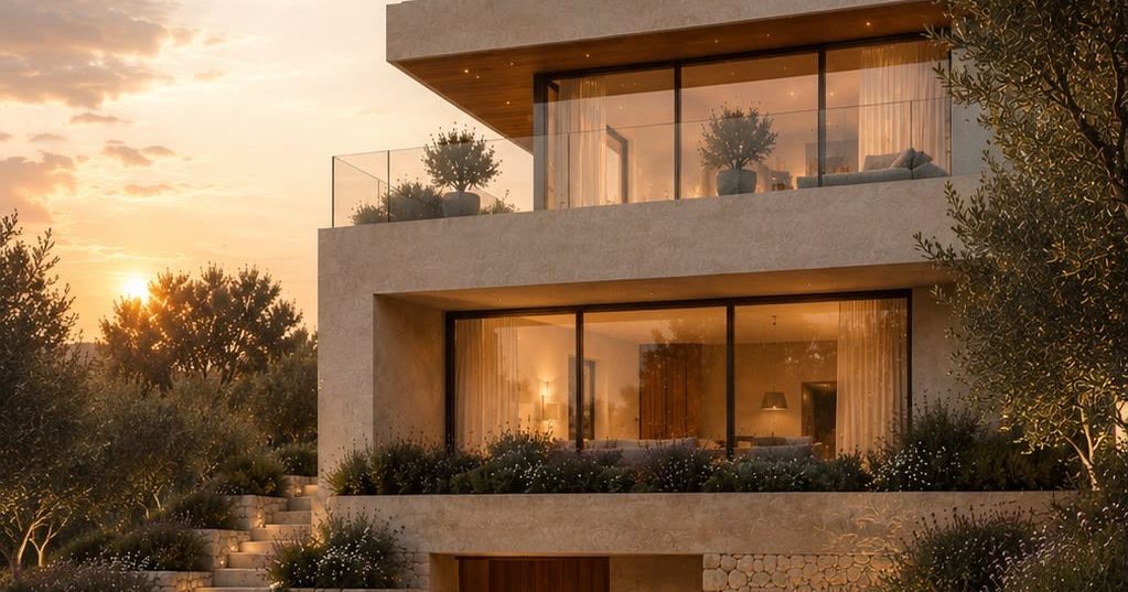Residência em encosta ao entardecer, com base e muros em pedra natural e caminho de acesso iluminado